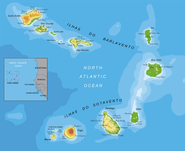 A Zöld-foki-szigetek rendkívül részletes fizikai térképe - Vektor, kép