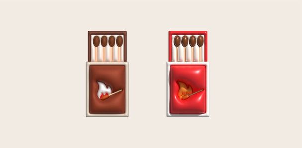 3d illustration burning match with fire, opened matchbox, burnt matchstick. - Vector, Image