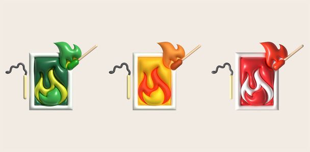 3d illustration burning match with fire, opened matchbox, burnt matchstick.burning and withering. - Vector, Image