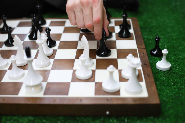 ロジック戦略ボード 家族や友人のためのゲームチェス. 写真の男は 緑の芝生の上に座って チェスのゲームをしています - 写真・画像