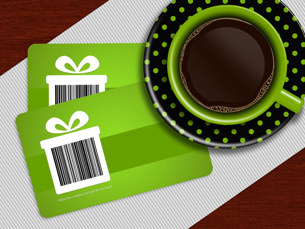 cup of coffee with spring discount coupons lying on tablecloth - Fotó, kép