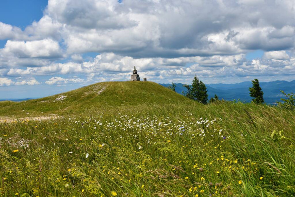 Parte superior de la colina Sveta Trojica en Notranjska, Eslovenia y un prado con flores de margarita blanca - Foto, imagen