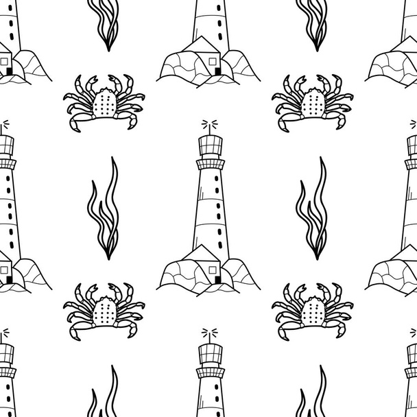 vector contur seamless pattern on the theme of sea cruise lighthouse, crab, seaweed - Vector, Image