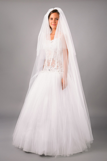 krásná nevěsta na sobě svatební šaty a závoj na neutrálním pozadí - Fotografie, Obrázek