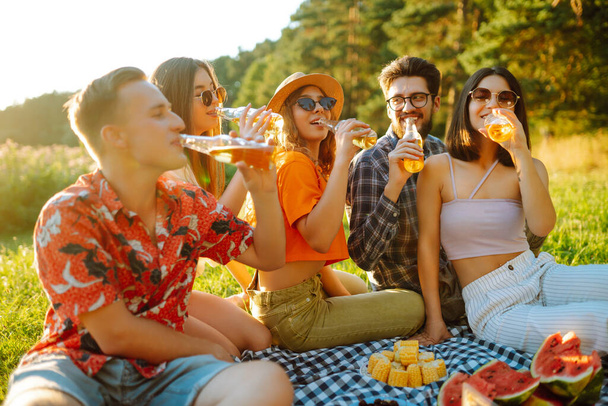 Group of happy friends at a picnic in the park on a green lawn laughing, having fun outdoors. The concept of people, lifestyle, travel, vacation, nature - Foto, Bild