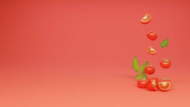 Tomate 3D Illustration isoliert auf rotem Hintergrund, Social Media Postvorlage. Ganze und Tomatenscheibe mit Textfläche. - Foto, Bild
