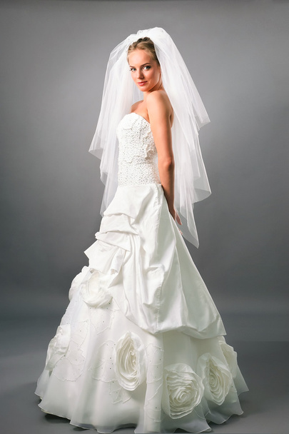 gyönyörű menyasszony, fátyol ruha a semleges háttér alapján - Fotó, kép