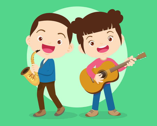 Music kids.Play music concept of music school.Cartoon dancing kids and kids with musical instruments.cute child musician various actions playing music - Vector, Image