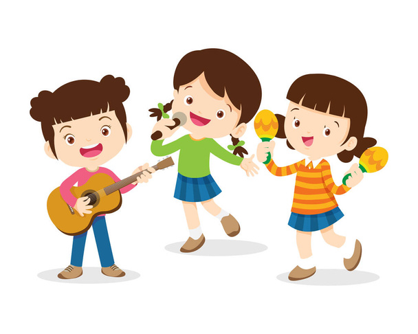 Music kids.Play music concept of music school.Cartoon dancing kids and kids with musical instruments.cute child musician various actions playing music - Vector, Image