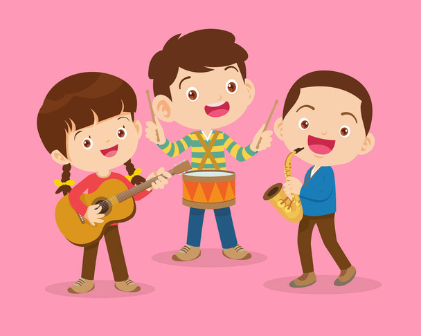 Música kids.Play conceito de música da escola de música.Cartoon dançando crianças e crianças com instrumentos musicais. - Vetor, Imagem