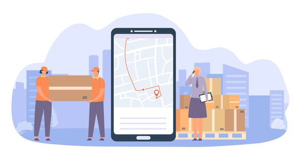 Online delivery service. Smartphone with gps navigation, man curlers carrying big parcel, manager talking on phone. Packages shipment, post warehouse. Location on map vector illustration - Vektor, Bild