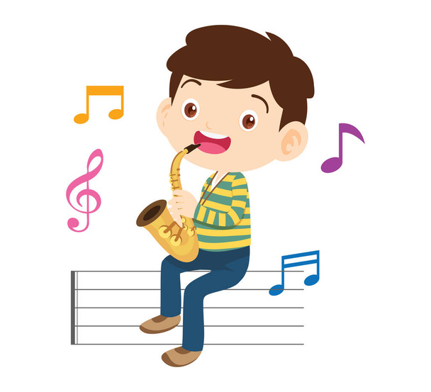 ミュージックキッズ.音楽学校の音楽コンセプト.クラルトンは楽器で子供や子供を踊っています.かわいい子供ミュージシャン 音楽を演奏するさまざまなアクション - ベクター画像