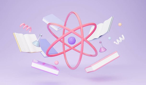 Model atomové molekuly nad světlým purpurovým pozadím se vzdělávacími knihami, chemickými lahvičkami a spirálovými ikonami. Školní reklamní poutač na lekce chemie. Panorama - Fotografie, Obrázek