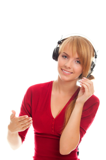 Amistoso operador de línea caliente de mujer joven en auriculares
 - Foto, Imagen