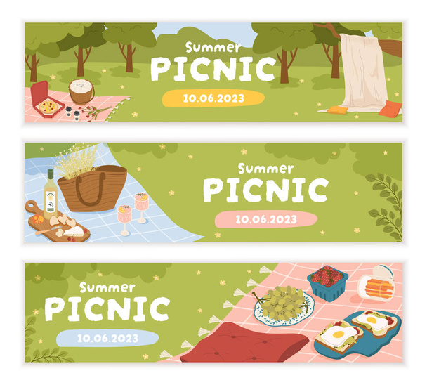 Set of picnic templates. Blankets with basket of food, flowers and grass. Summer and spring holidays outdoor. Poster or banner for website. Cartoon flat vector collection isolated on white background - Vector, Image