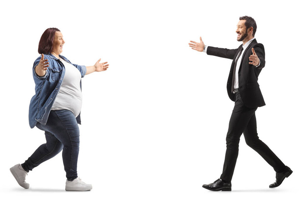 Plus size casual woman meeting and greeting a businessman isolated on white background - Φωτογραφία, εικόνα