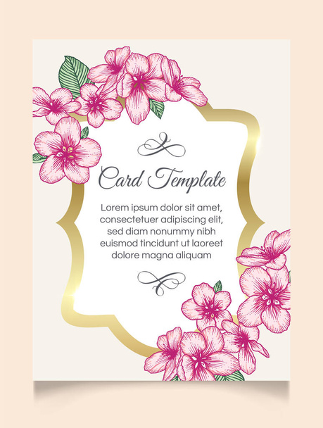 Vector botanical floral wedding invitation elegant card template. Pink apple flowers and vintage golden frame. Romantic design for greeting card, natural cosmetics, women products. - Vektör, Görsel