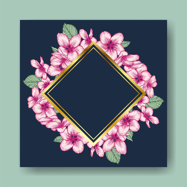 Vector botanical floral wedding invitation. Dark blue elegant card template with pink apple flowers and golden frame. Romantic design for greeting card, annivesary. - Vetor, Imagem