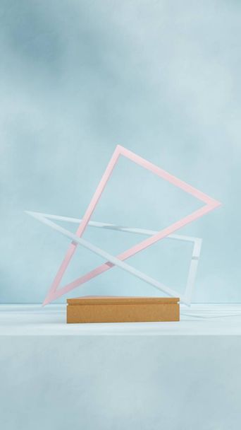 3D画像レンダリングシーンテンプレート三角形の木製表彰台,三角形の幾何学的な形をした肖像画 - 写真・画像