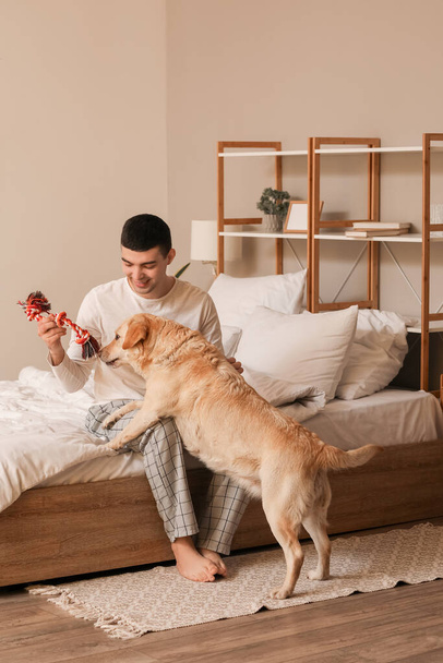 Giovane uomo che gioca con simpatico cane Labrador e giocattolo in camera da letto - Foto, immagini