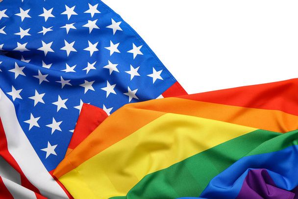 Flags of USA and LGBT on grey background - Photo, Image