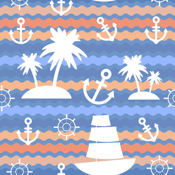Marine background. Palms, anchor, steering wheel, wave background, seamless pattern. Vector  - Wektor, obraz