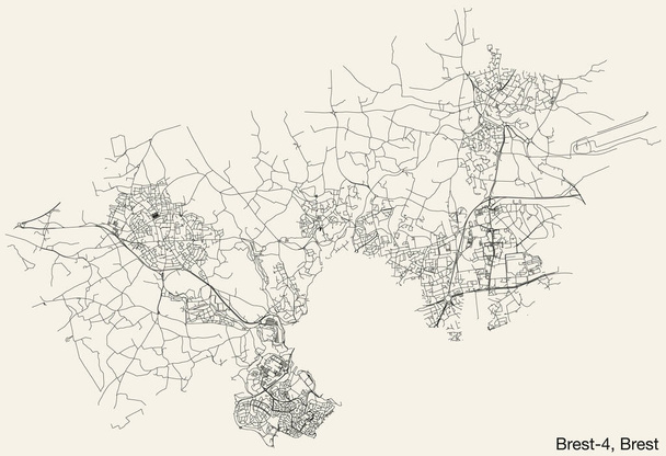 Fransa 'nın BREST kentindeki BREST-4 CANTON kentsel yol haritasının ayrıntılı el çizimleri ve sağlam arka planda isim etiketi - Vektör, Görsel