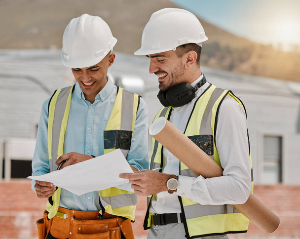 Architecture blueprint, construction site and happy people teamwork on development project, floor plan or design info. Illustration, engineer team and architect collaboration on civil engineering. - Photo, Image