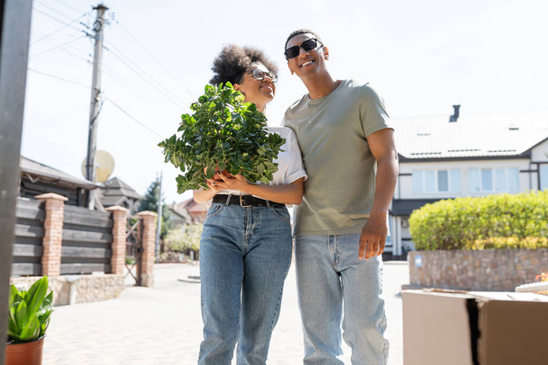 positive african american couple holding houseplant near carton box during relocation outdoors - Foto, imagen