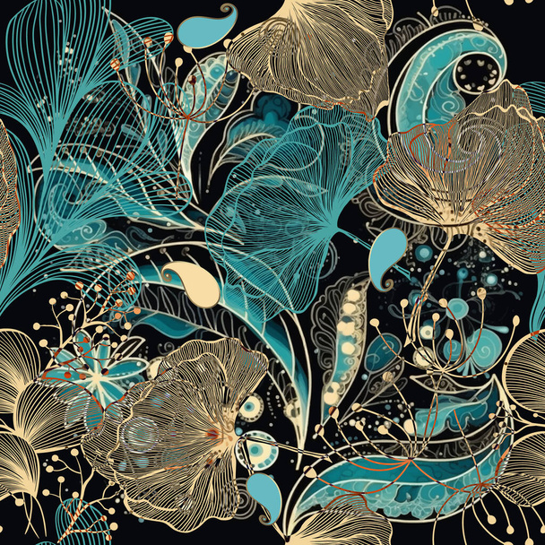 Paisley. Doodle lines botanical floral seamless pattern. Ethnic style doodles modern floral ornaments. Paint hand drawn watercolor textured line art vector background. Paisley flowers. endless texture - Вектор,изображение