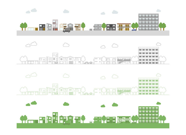 This set of street illustrations depicts a residential area. - Vector, Image