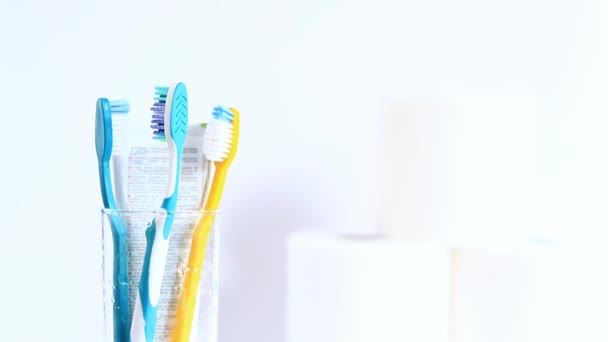 Die Hand einer Frau nimmt eine Zahnbürste. Zahnbürsten in einem Glasbecher auf weißem Hintergrund. Mundhygiene. Zahnreinigung, Kariesvorbeugung. Das Konzept der Körperpflege für jeden Tag - Filmmaterial, Video