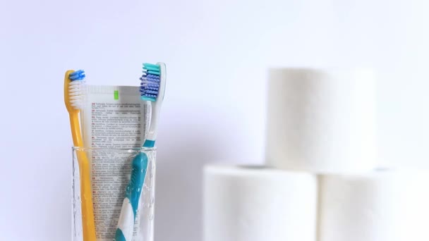 女性の手は歯ブラシを取ります. 白い背景にガラスビーカーの歯ブラシ. 口腔衛生について。 歯のクリーニング,予防。 日々の衛生のコンセプト - 映像、動画