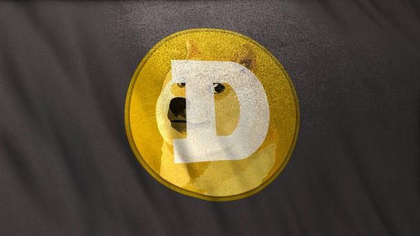 DOGE Dogecoin icône logo sur fond de bannière drapeau gris. Concept Illustration 3D pour crypto-monnaie et fintech utilisant la technologie blockchain pour sécuriser les transactions en bourse DeFi marché. - Photo, image