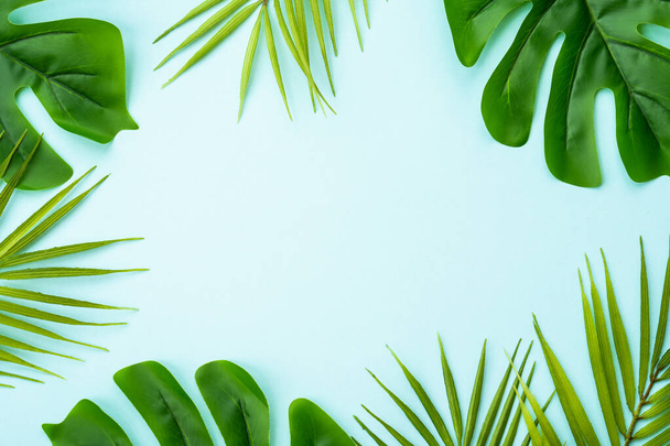 Palm leaves on blue background. Flat lay with copy space. - Photo, Image