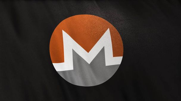 Logo de l'icône de la pièce XMR Monero sur fond de bannière drapeau noir. Concept Illustration 3D pour crypto-monnaie et fintech utilisant la technologie blockchain pour sécuriser les transactions en bourse DeFi marché. - Photo, image