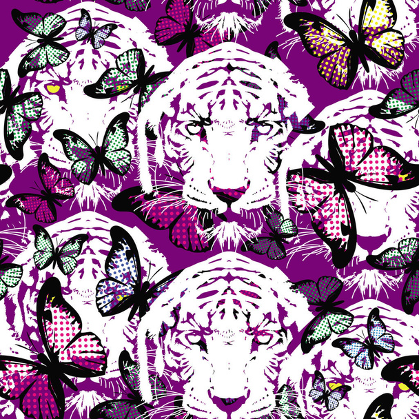 padrão sem costura com impressão de borboleta e cabeças de tigre - Vetor, Imagem
