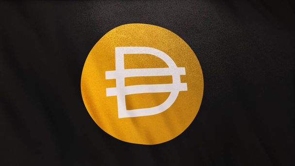 DAI Multi Collateral Coin icône logo sur fond de bannière drapeau noir. Concept Illustration 3D. Crypto-monnaie et fintech en utilisant la technologie blockchain. Transactions sécurisées en bourse Marché DeFi. - Photo, image