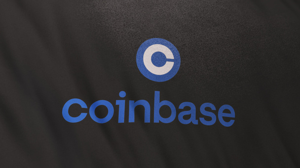 Logo Coinbase Exchange na pozadí praporu šedé vlajky. Koncepce 3D ilustrace pro kryptoměn a fintech pomocí technologie blockchain k zabezpečení transakcí na burze cenných papírů DeFi trh. - Fotografie, Obrázek