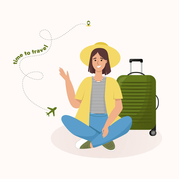 Girl with a suitcase. Traveler with luggage. At the airport waiting for departure. Vector illustration, character. - Vector, Imagen