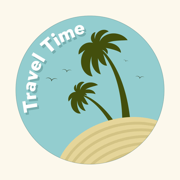 Время путешествовать. Летняя морская наклейка. Пальма, океан и пляж. Плоская векторная иллюстрация. - Вектор,изображение