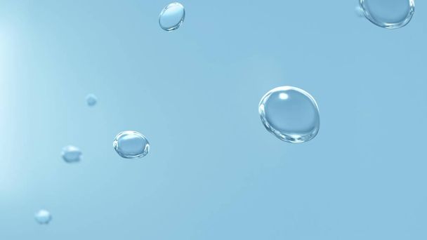 Placa trasera de agua de burbuja ascendente abstracta en la belleza azul neutro y el fondo del escaparate de la salud con espacio de copia. Fondo de concepto de ilustración en 3D de primer plano macro. burbujeante hacia arriba flotante esferas textura. - Foto, Imagen