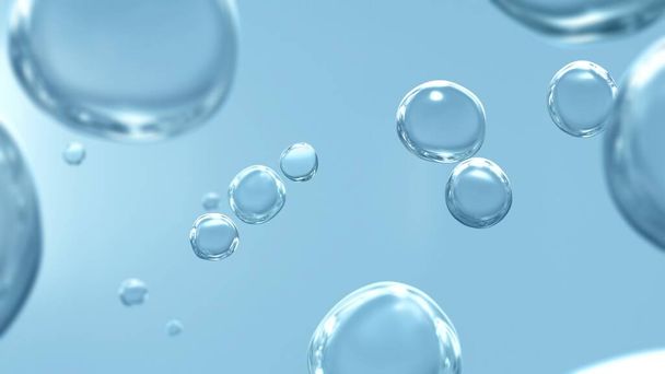 Blau-weißes Konzept realistische Hydro-Süßwasser-Blase Vitrine Hintergrund. 3D-Illustration von transparenten kohlensäurehaltigen Tropfen mit Kopierraum für Pflegeprodukte und medizinische Versorgung - Foto, Bild