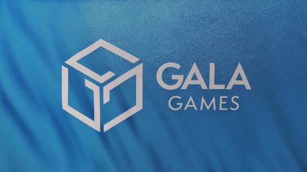 Gala Games GALA icône de pièce logo sur fond de bannière drapeau bleu. Concept Illustration 3D pour crypto-monnaie et fintech utilisant la technologie blockchain pour sécuriser les transactions en bourse DeFi marché. - Photo, image