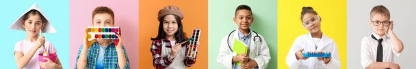 Verschiedene Kinder träumen auf farbigem Hintergrund von ihren zukünftigen Berufen - Foto, Bild