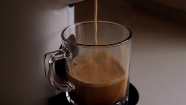 コーヒーフローは白いコーヒーマシンやコーヒーメーカーから明るい背景に透明なマグカップに準備されています. 高品質の4k映像 - 映像、動画
