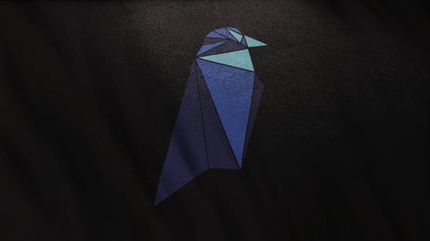 Logo de l'icône Ravencoin Lite RVL Coin sur fond de bannière drapeau noir. Concept Illustration 3D pour crypto-monnaie et fintech utilisant la technologie blockchain. Transactions sécurisées en bourse Marché DeFi - Photo, image