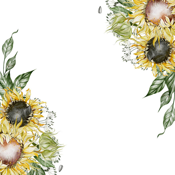 Aquarellkarte mit Sonnenblumen und Blättern. Illustration - Foto, Bild