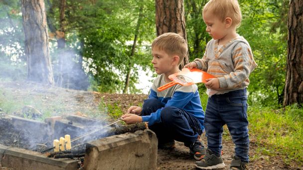 Zwei kleine Jungen kochen am Lagerfeuer im Wald Essen. Aktive Freizeit, Kinder im Zelten, Familienurlaub in der Natur - Foto, Bild