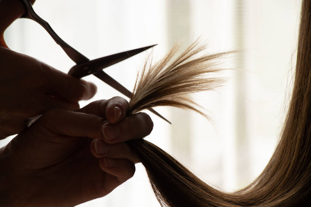 Жіночі руки вирізали дівчачі волосся ножицями, стрижкою та перукарнею - Фото, зображення